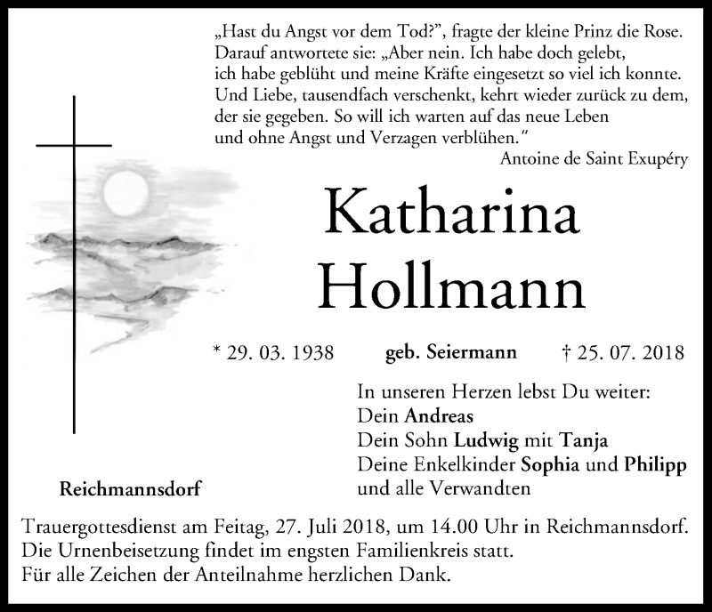 Traueranzeige für Katharina Hollmann vom 26.07.2018 aus MGO
