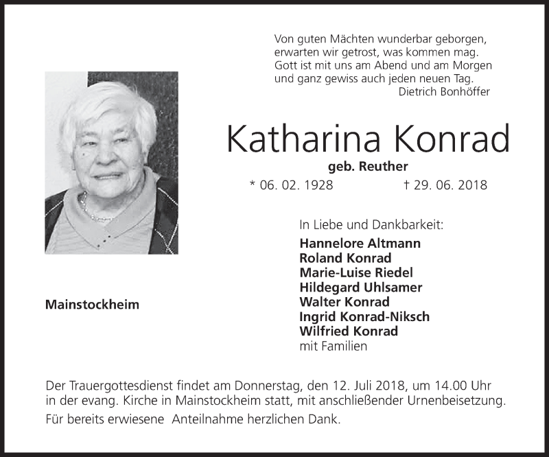  Traueranzeige für Katharina Konrad vom 03.07.2018 aus MGO
