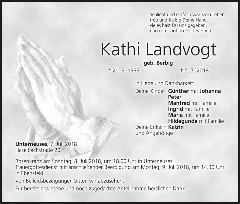  Traueranzeige für Kathi Landvogt vom 07.07.2018 aus MGO
