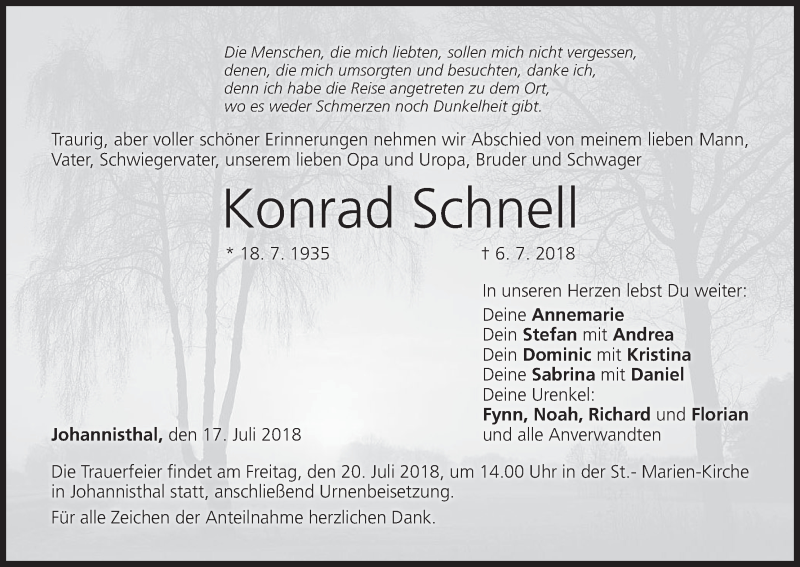  Traueranzeige für Konrad Schnell vom 17.07.2018 aus MGO