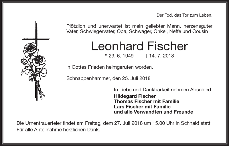  Traueranzeige für Leonhard Fischer vom 25.07.2018 aus MGO