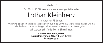 Anzeige von Lothar Kleinhenz von MGO