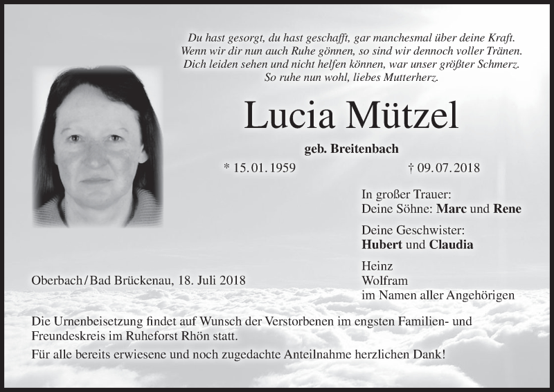  Traueranzeige für Lucia Mützel vom 18.07.2018 aus MGO