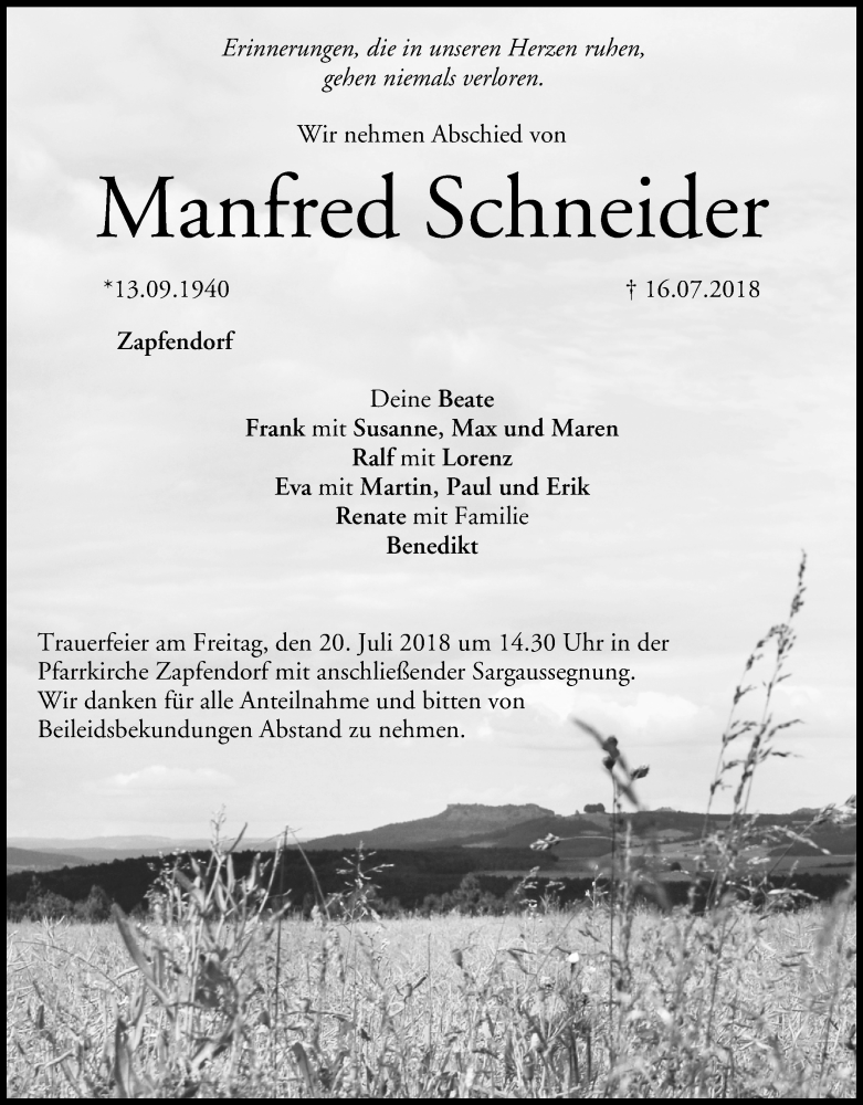  Traueranzeige für Manfred Schneider vom 19.07.2018 aus MGO