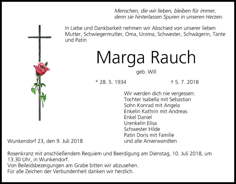  Traueranzeige für Marga Rauch vom 09.07.2018 aus MGO