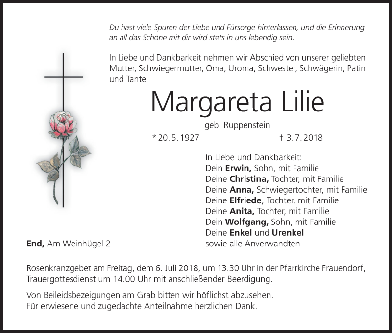  Traueranzeige für Margareta Lilie vom 05.07.2018 aus MGO