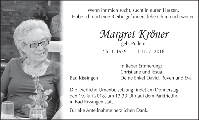  Traueranzeige für Margret Kröner vom 14.07.2018 aus MGO