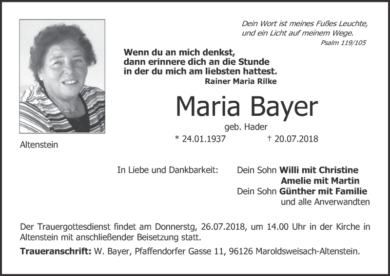  Traueranzeige für Maria Bayer vom 24.07.2018 aus MGO