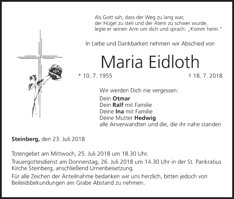  Traueranzeige für Maria Eidloth vom 23.07.2018 aus MGO