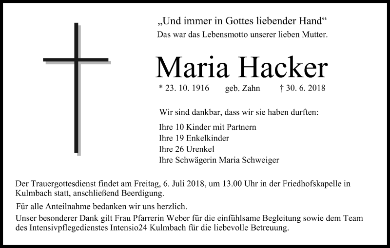  Traueranzeige für Maria Hacker vom 04.07.2018 aus MGO