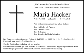 Anzeige von Maria Hacker von MGO