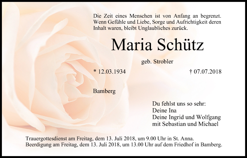  Traueranzeige für Maria Schütz vom 11.07.2018 aus MGO