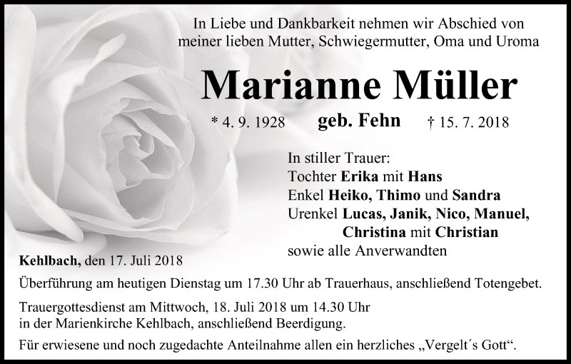  Traueranzeige für Marianne Müller vom 17.07.2018 aus MGO