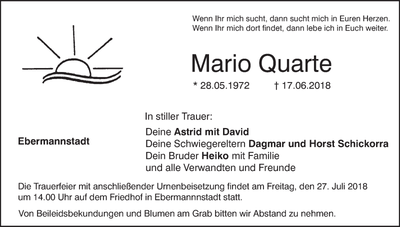  Traueranzeige für Mario Quarte vom 21.07.2018 aus MGO