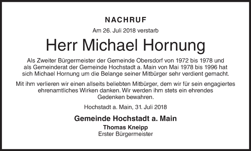  Traueranzeige für Michael Hornung vom 31.07.2018 aus MGO