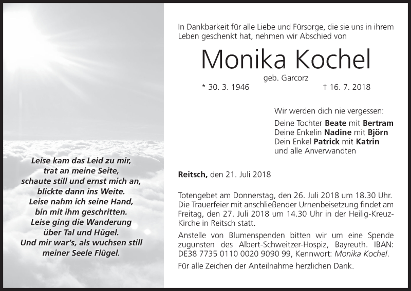  Traueranzeige für Monika Kochel vom 21.07.2018 aus MGO