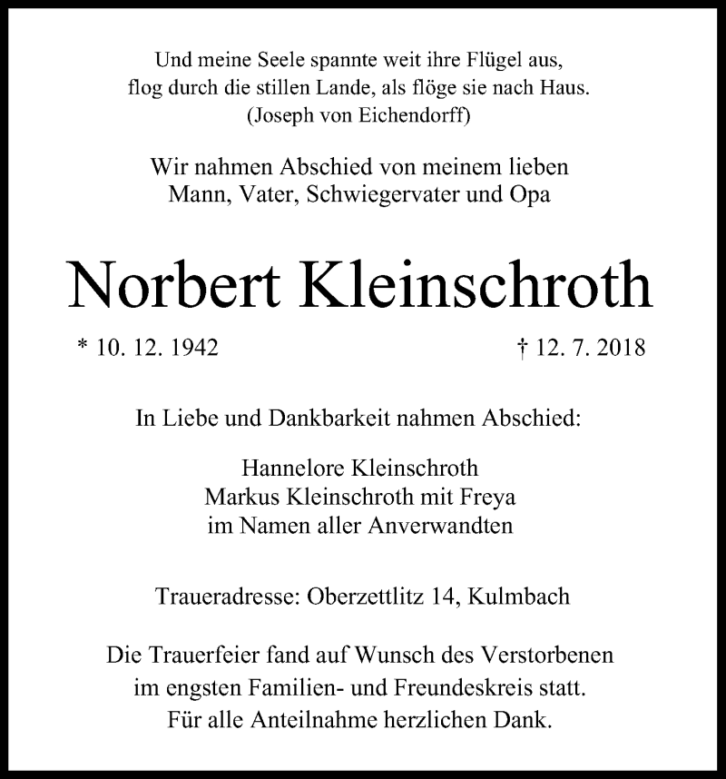  Traueranzeige für Norbert Kleinschroth vom 31.07.2018 aus MGO
