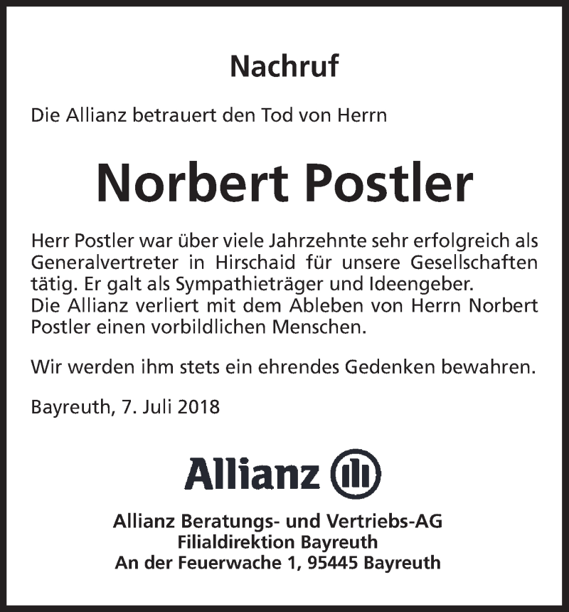  Traueranzeige für Norbert Postler vom 07.07.2018 aus MGO