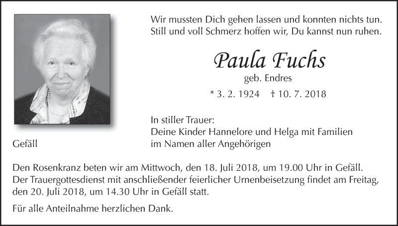  Traueranzeige für Paula Fuchs vom 14.07.2018 aus MGO