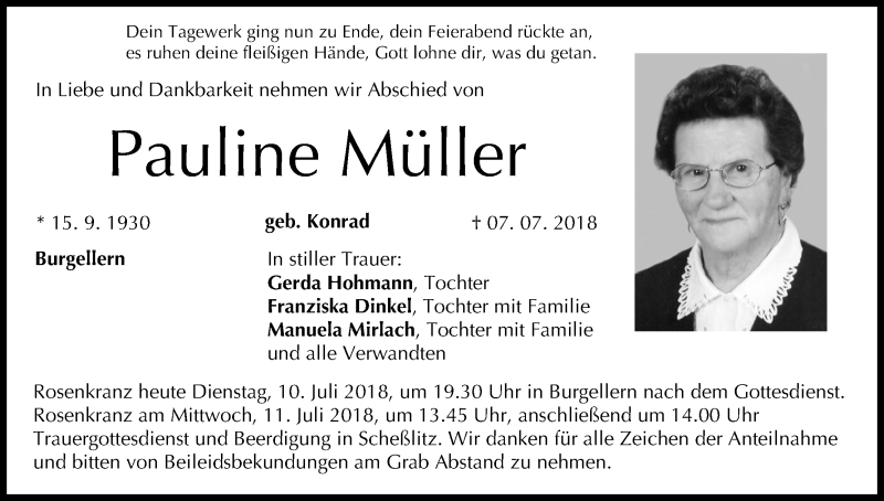  Traueranzeige für Pauline Müller vom 10.07.2018 aus MGO