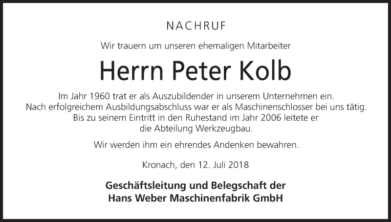 Traueranzeige für Peter Kolb vom 12.07.2018 aus MGO