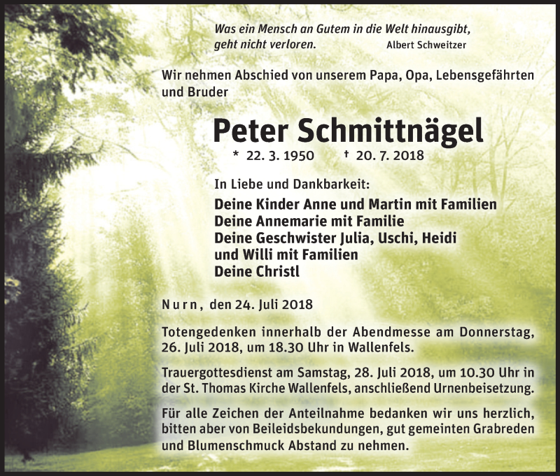  Traueranzeige für Peter Schmittnägel vom 24.07.2018 aus MGO
