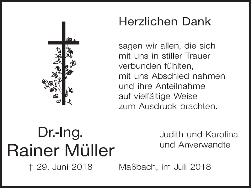 Traueranzeige für Rainer Müller vom 28.07.2018 aus MGO