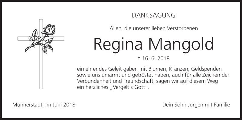 Traueranzeige für Regina Mangold vom 14.07.2018 aus MGO