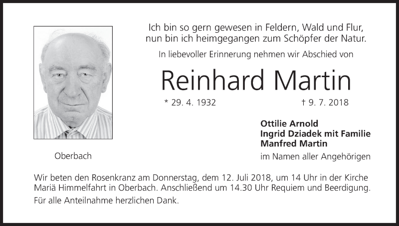 Traueranzeige für Reinhard Martin vom 11.07.2018 aus MGO