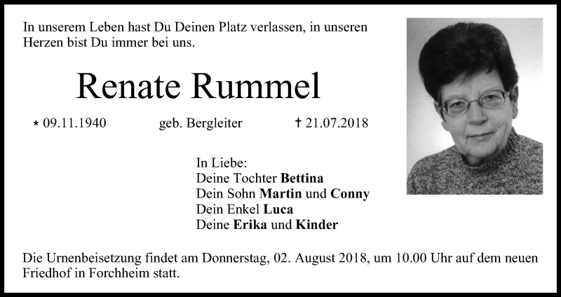  Traueranzeige für Renate Rummel vom 31.07.2018 aus MGO