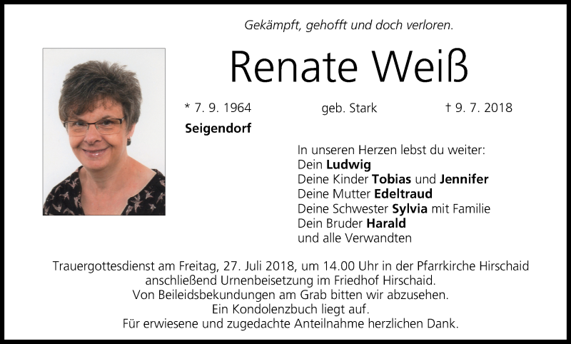  Traueranzeige für Renate Weiß vom 21.07.2018 aus MGO