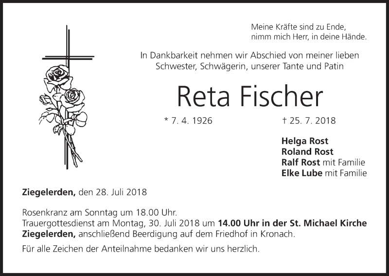  Traueranzeige für Reta Fischer vom 28.07.2018 aus MGO
