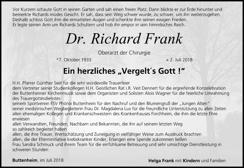  Traueranzeige für Richard Frank vom 21.07.2018 aus MGO