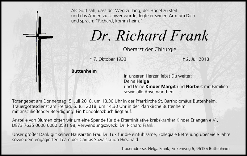  Traueranzeige für Richard Frank vom 04.07.2018 aus MGO