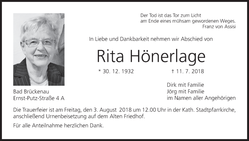  Traueranzeige für Rita Hönerlage vom 28.07.2018 aus MGO