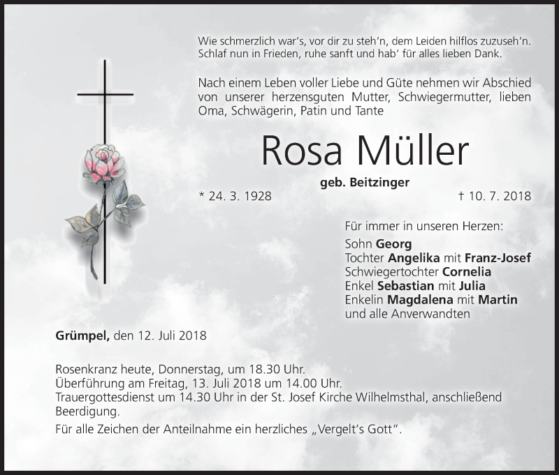  Traueranzeige für Rosa Müller vom 12.07.2018 aus MGO
