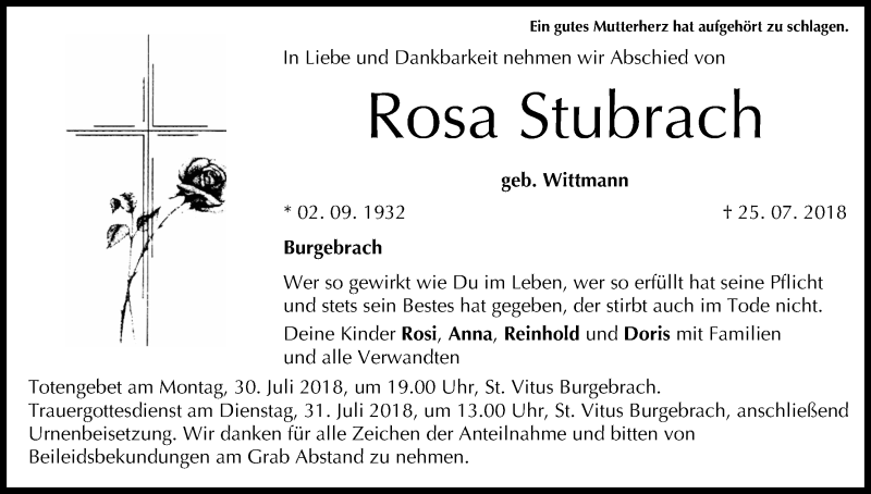  Traueranzeige für Rosa Stubrach vom 27.07.2018 aus MGO