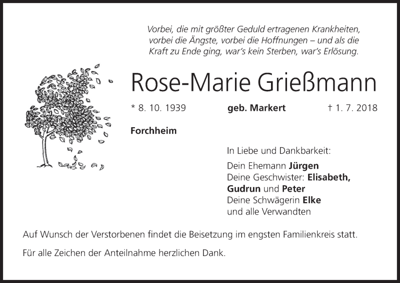  Traueranzeige für Rose-Marie Grießmann vom 07.07.2018 aus MGO