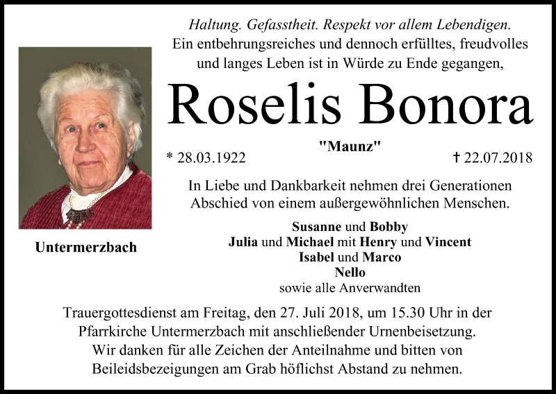  Traueranzeige für Roselis Bonora vom 25.07.2018 aus MGO
