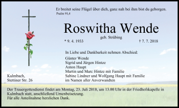 Anzeige von Roswitha Wende von MGO