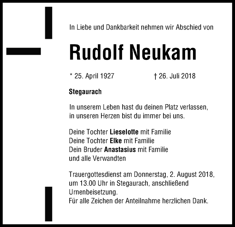  Traueranzeige für Rudolf Neukam vom 28.07.2018 aus MGO