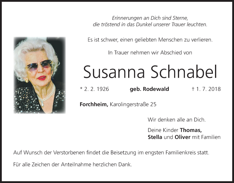  Traueranzeige für Susanna Schnabel vom 04.07.2018 aus MGO