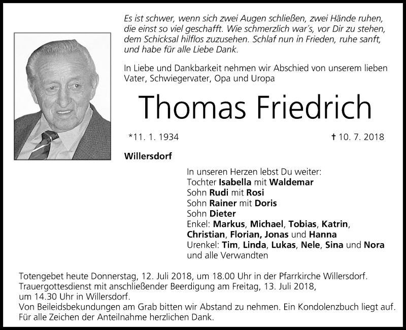  Traueranzeige für Thomas Friedrich vom 12.07.2018 aus MGO