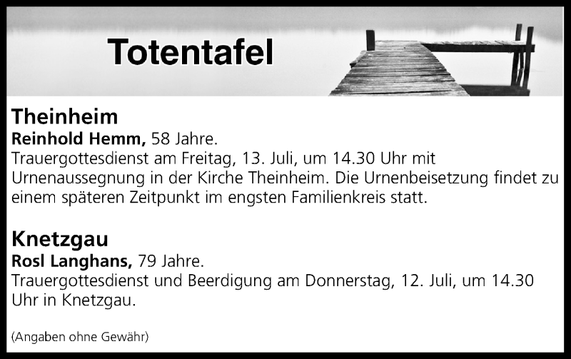  Traueranzeige für Totentafel  vom 11.07.2018 aus MGO