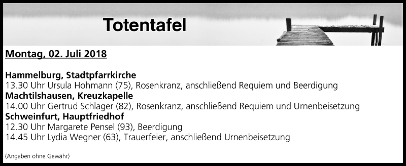  Traueranzeige für Totentafel vom 02.07.2018 vom 02.07.2018 aus MGO