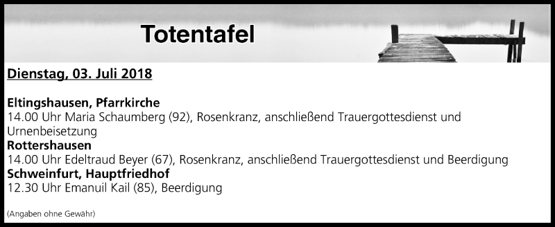  Traueranzeige für Totentafel vom 03.07.2018 vom 03.07.2018 aus MGO
