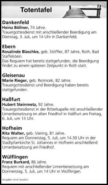 Anzeige von Totentafel vom 03.07.2018 von MGO