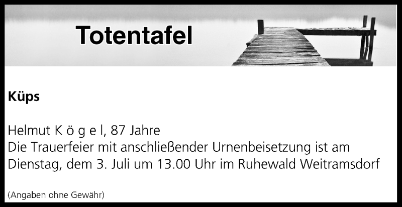  Traueranzeige für Totentafel vom 03.07.2018 vom 03.07.2018 aus MGO