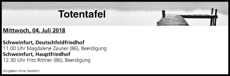  Traueranzeige für Totentafel vom 04.07.2018 vom 04.07.2018 aus MGO