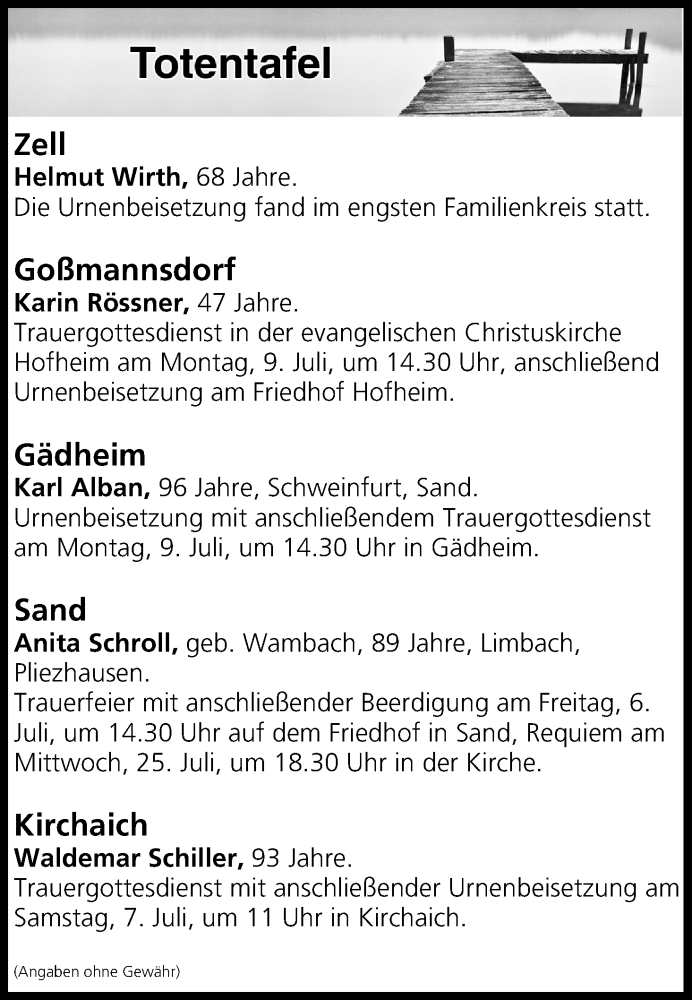  Traueranzeige für Totentafel vom 06.07.2018 vom 06.07.2018 aus MGO